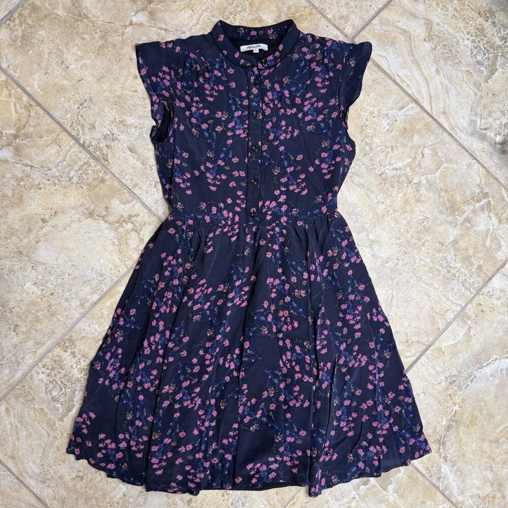 Madewell Size 2 Silk Floral Mini Dress Navy Button Women’s Spring Lightweight
